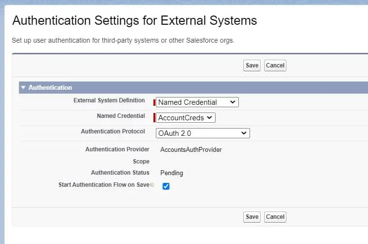 Authentication Settings for External Systems