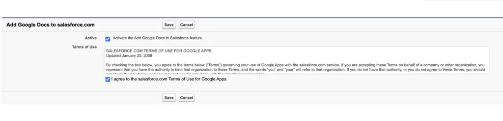 Google Docs Terms of Use in Salesforce